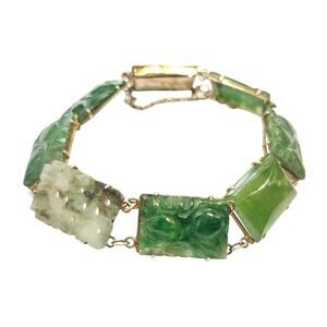 Antique Chinese 9K Gold Carved Jadeite Nephrite Panel Bracelet
